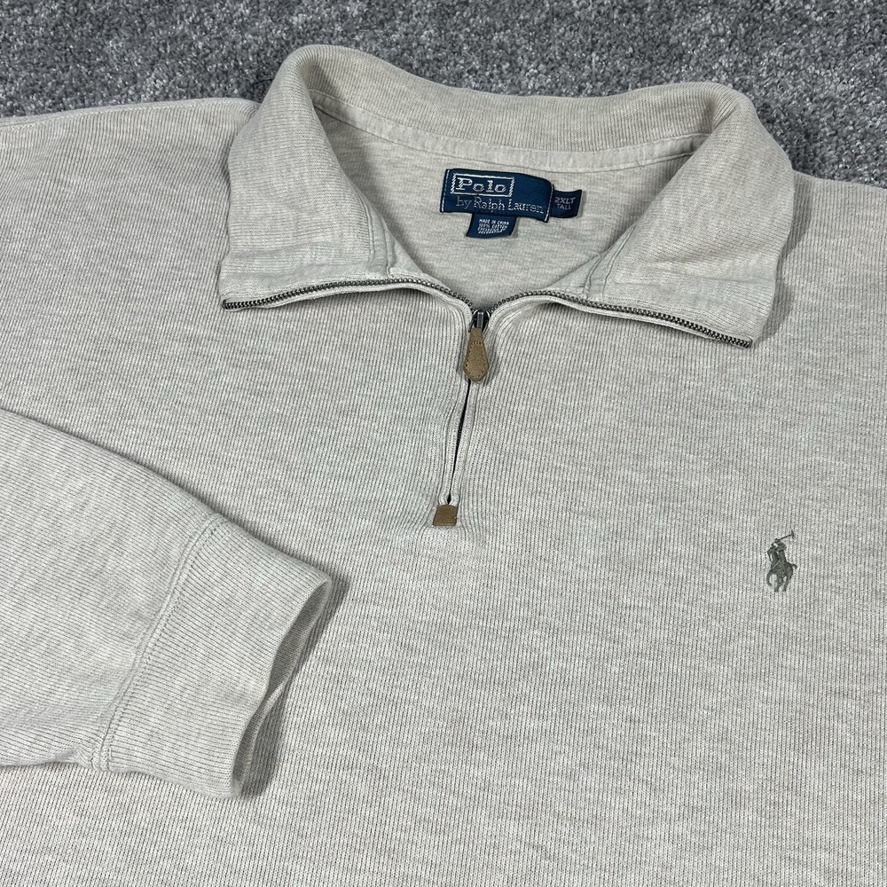 Vintage 90s Polo Ralph Lauren Mens 2XLT Oatmeal Brown 1/4 Zip Sweater Estate Rib